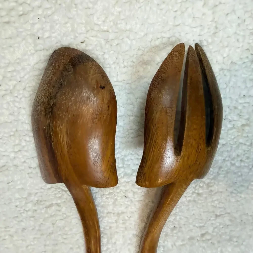 Vintage Monkey Pod Acacia Salad Tongs Curved Serving Spoon Fork Set Utensils